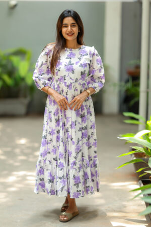 "White & lavender floral cotton maxi frock – Aayizhai Fashions"