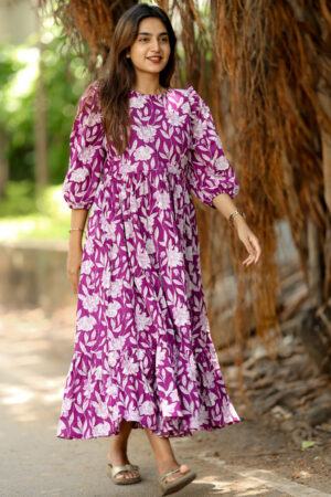 "Purple floral cotton maxi frock – Aayizhai Fashions"