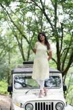 "Yellow linen cotton kurti with subtle floral prints – Aayizhai Fashions"