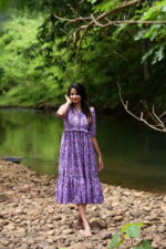 "Purple digital print cotton maxi frock with ruffles – Aayizhai Fashions"