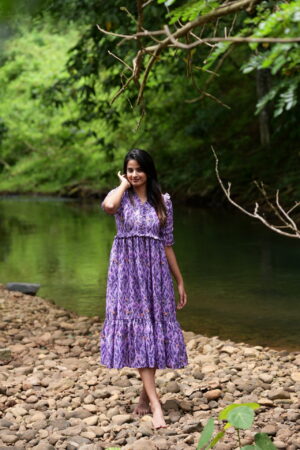 "Purple digital print cotton maxi frock with ruffles – Aayizhai Fashions"