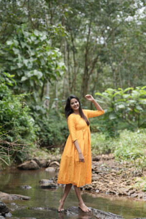 "Yellow silk maxi frock with pleated design – Aayizhai Fashions"