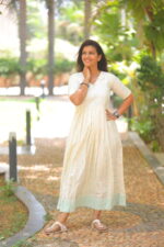 "Cream cotton maternity maxi dress with mint green border – Aayizhai Fashions"