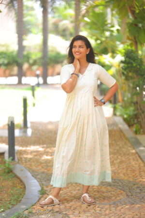 "Cream cotton maternity maxi dress with mint green border – Aayizhai Fashions"