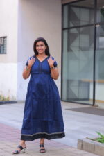 "Navy blue sub-silk maternity maxi dress with black border – Aayizhai Fashions"