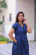 "Navy blue sub-silk maternity maxi dress with black border – Aayizhai Fashions"