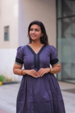 "Deep purple sub-silk maternity maxi dress with black border detailing – Aayizhai Fashions"